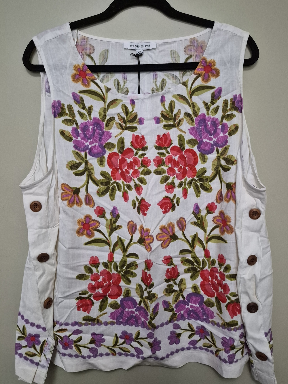 Rose & Olive White Sleeveless Tank with Red & Purple Floral Embroidery